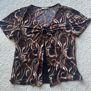 Y2K Brown Swirl Print Blouse – Size Large